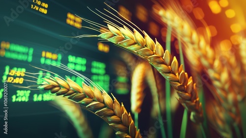 Wheat icon represents agricultural sector growth amidst glowing stock market trends photo