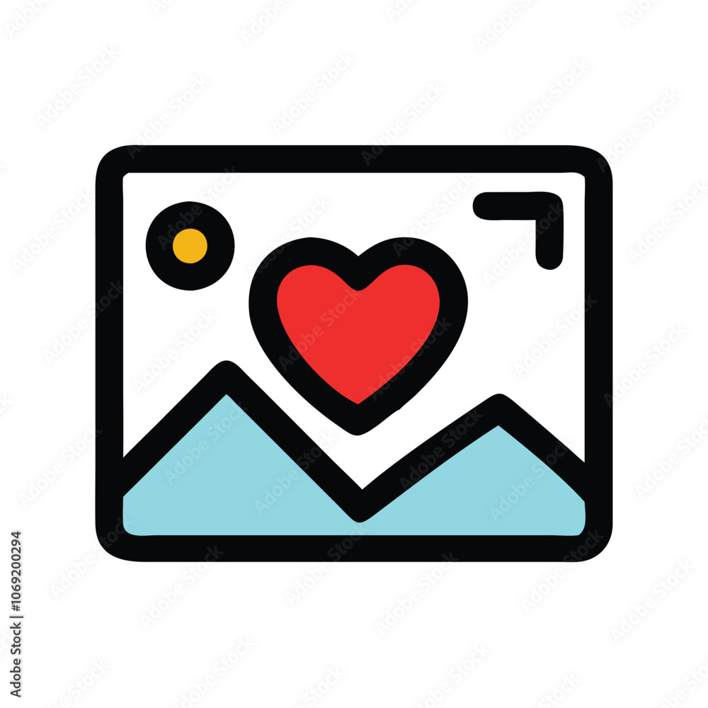 Image Icon with Heart Symbol and Landscape, Icon of a photo with a heart symbol over a landscape, representing favorite memories, love for nature, or cherished moments, ideal for social media and phot Image Icon with Heart Symbol and Landscape, Icon of a photo with a heart symbol over a landscape, representing favorite memories, love for nature, or cherished moments, ideal for social media and phot