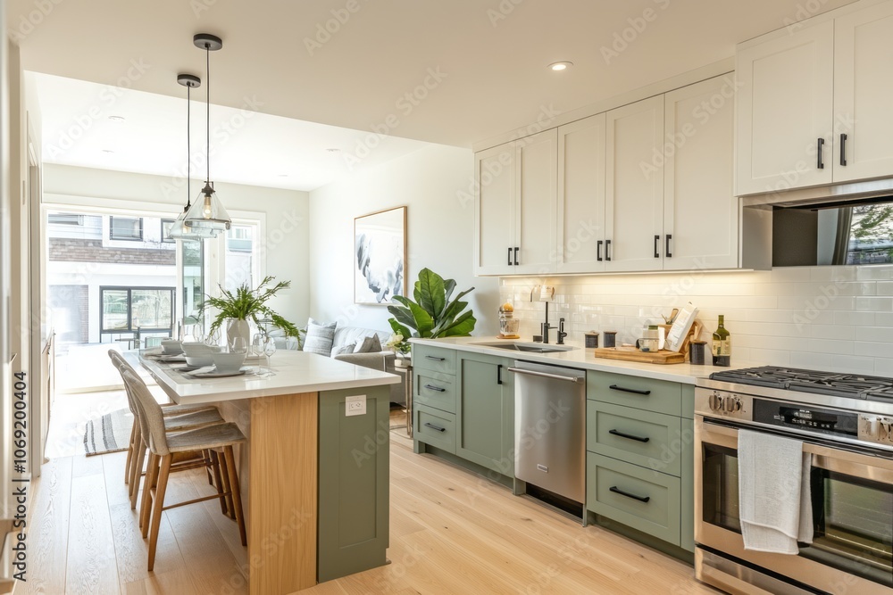 Modern Kitchen with Island, Green Cabinets, and Stainless Steel Appliances Modern Kitchen with Island, Green Cabinets, and Stainless Steel Appliances