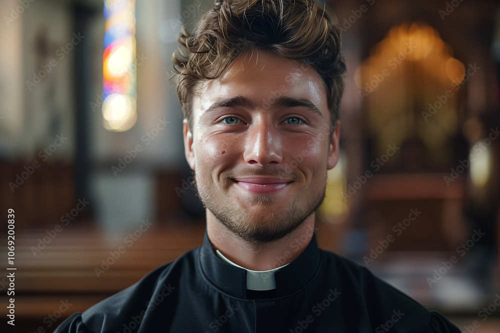 A male priest is in a Christian church. A male priest is in a Christian church.