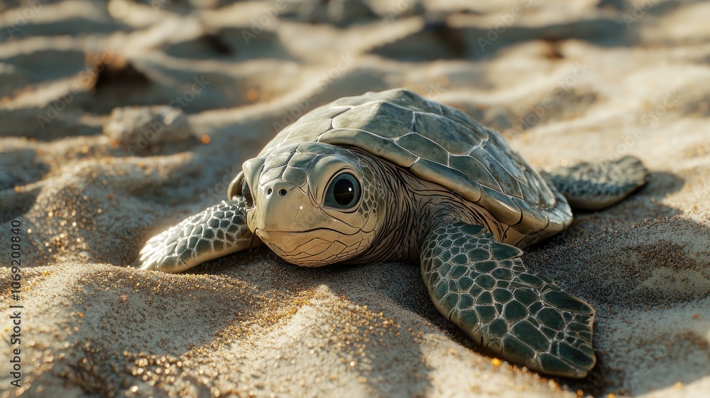 Obraz premium Remains of a baby green sea turtle partially buried in sand an impactful reminder of marine conservation challenges