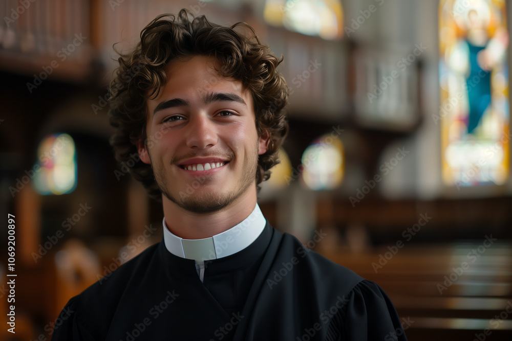 A male priest is in a Christian church. A male priest is in a Christian church.