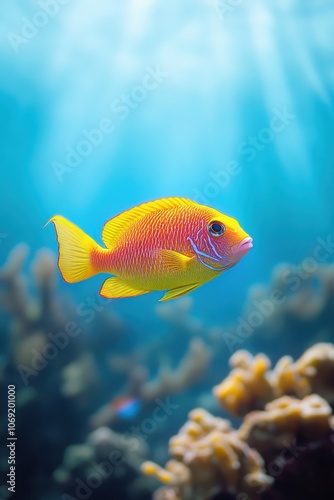 Vibrant yellow and orange tropical fish swimming in clear blue water