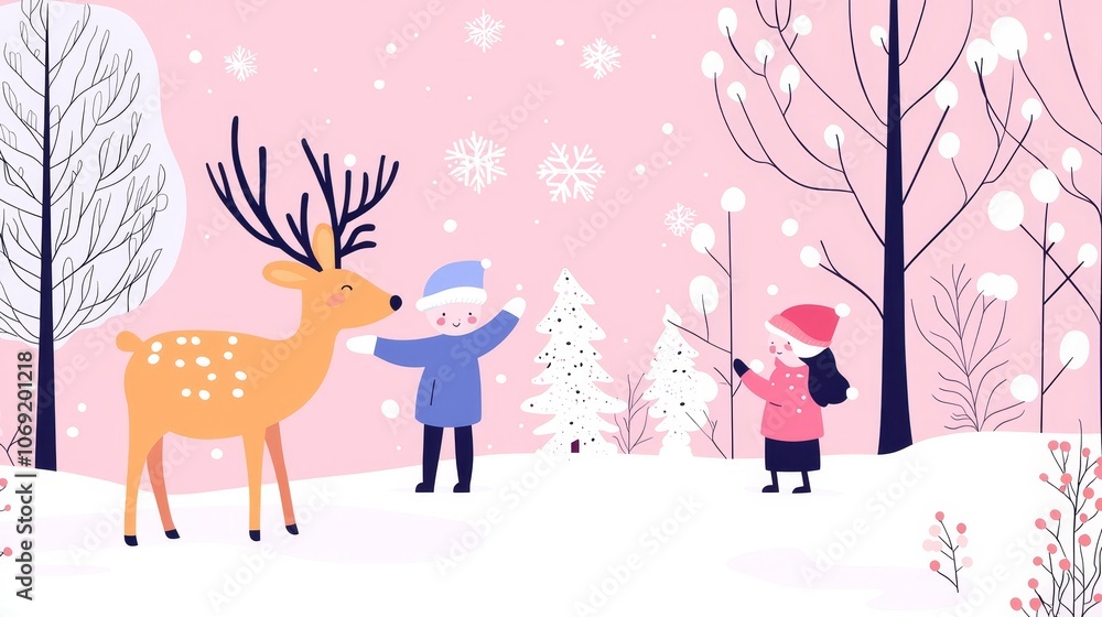 Children celebrate christmas with a friendly reindeer in a winter wonderland Children celebrate christmas with a friendly reindeer in a winter wonderland