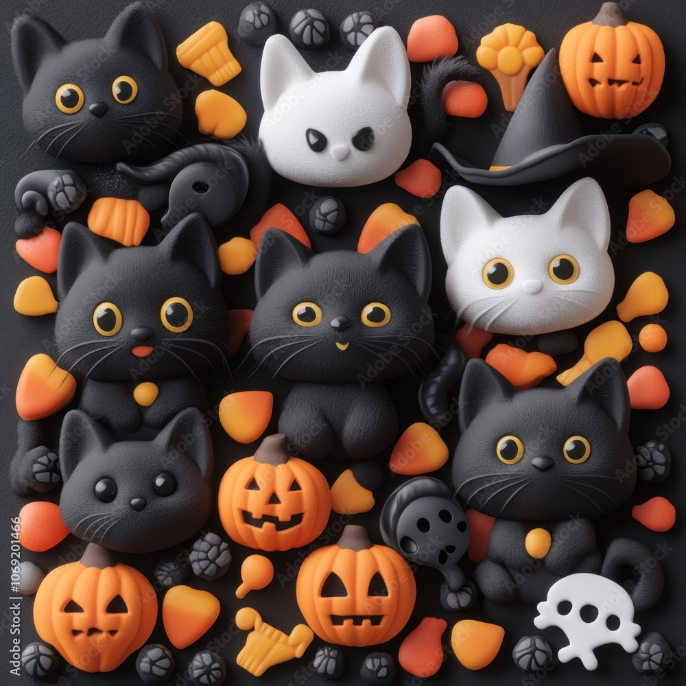 Fototapeta premium Assortment of halloween-themed cat figurines and decorations
