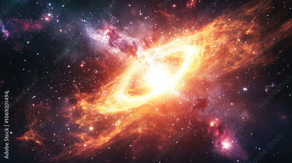 Glowing gamma ray burst in space with intricate quasar details a striking 3D abstract black and white rendering