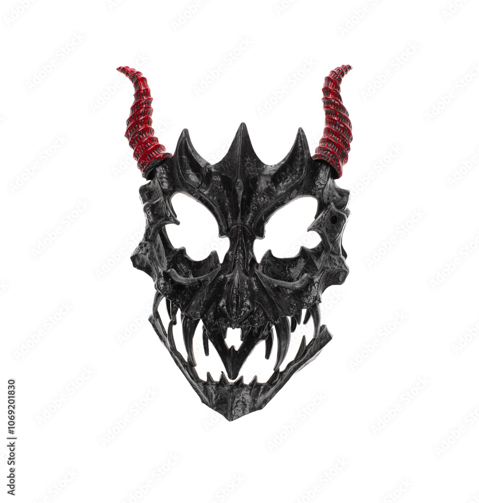 Naklejka premium mask and red devil horns isolated on white background