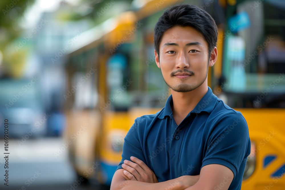 Fototapeta premium Caucasian male driver smiling with confidence, school bus