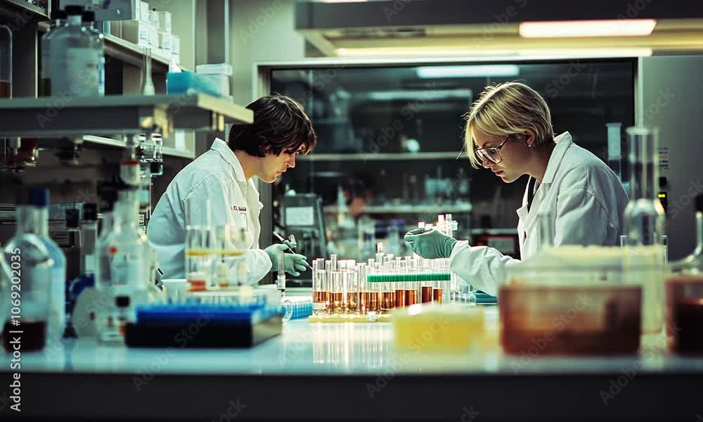 Scientists Conducting Research in Modern Laboratory with Advanced Equipment and Chemical Experimentation Scientists Conducting Research in Modern Laboratory with Advanced Equipment and Chemical Experimentation
