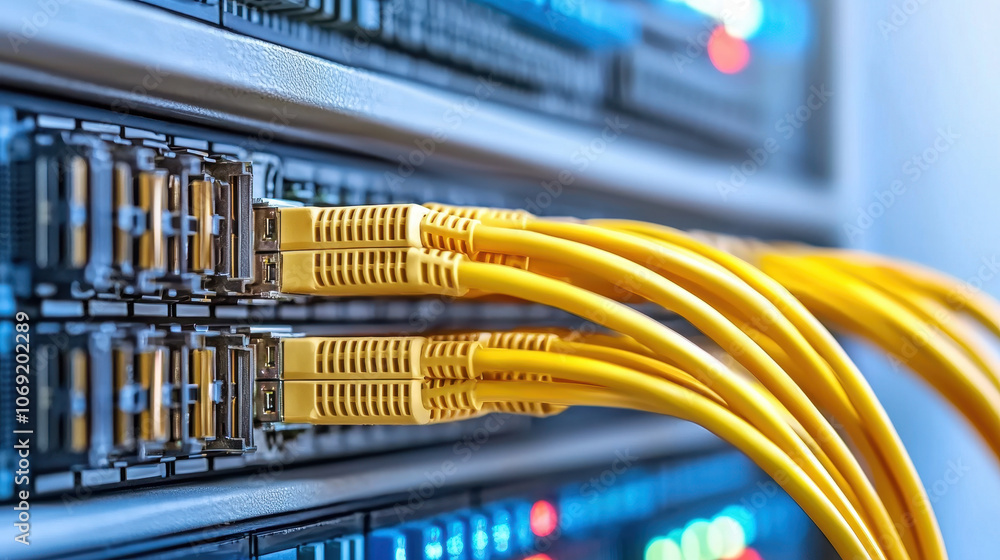 Naklejka premium High speed fiber optic cables connecting network servers, enabling efficient data transfer and communication. vibrant yellow cables stand out against server backdrop