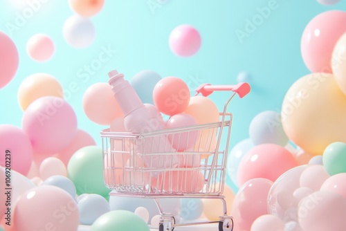 colorful balloons and beauty products in a shopping cart