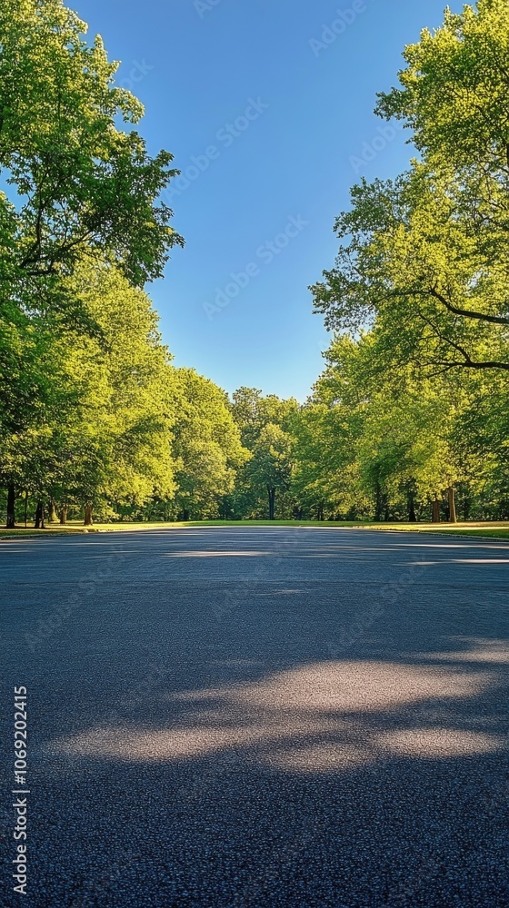 Serene summer day with clear blue sky and sun shining over a peaceful tree lined road Serene summer day with clear blue sky and sun shining over a peaceful tree lined road