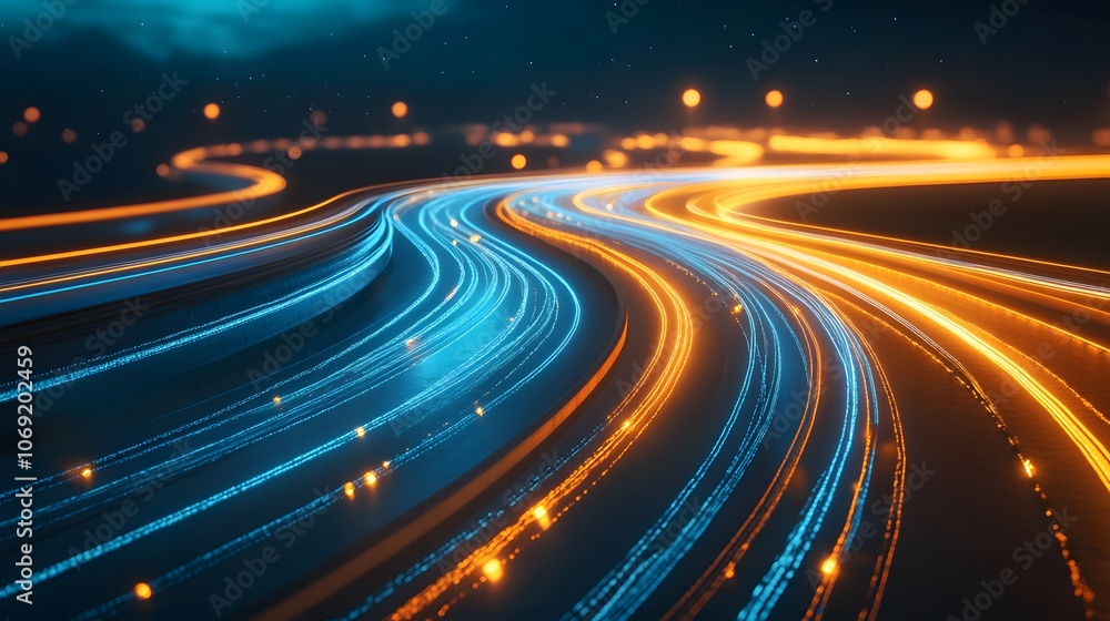 Dynamic science and technology concept with blue and orange light streaks on a race track background, symbolizing speed and digital domain Dynamic science and technology concept with blue and orange light streaks on a race track background, symbolizing speed and digital domain