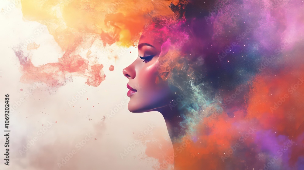 A stylized profile of a woman with colorful cosmic elements representing creativity and imagination. A stylized profile of a woman with colorful cosmic elements representing creativity and imagination.