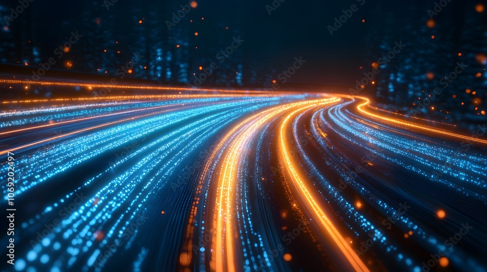 Dynamic science and technology concept with blue and orange light streaks on a race track background, symbolizing speed and digital domain Dynamic science and technology concept with blue and orange light streaks on a race track background, symbolizing speed and digital domain