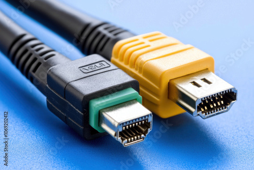 High quality image of two USB cables with distinct connectors on blue background, showcasing their design and functionality. cables are essential for data transfer and connectivity photo