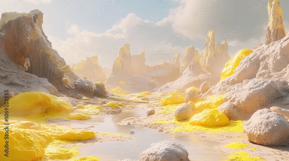 Close view of yellowish sulfur covered rocks in a riverbed beneath a hazy sky natural landscape photography Close view of yellowish sulfur covered rocks in a riverbed beneath a hazy sky natural landscape photography