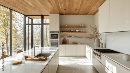 Modern kitchen with wood accents and a view of the trees outside