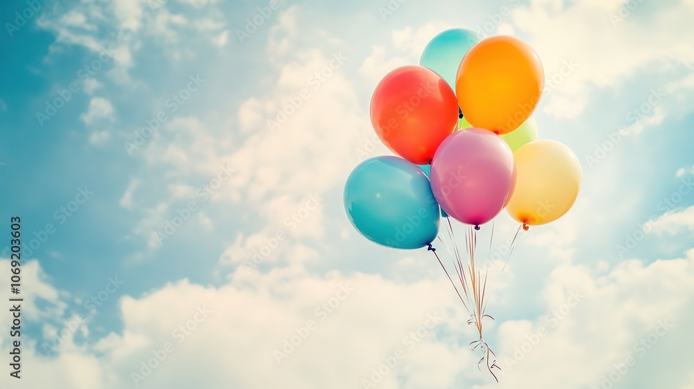 Colorful balloons soaring against a blue cloudy sky Colorful balloons soaring against a blue cloudy sky