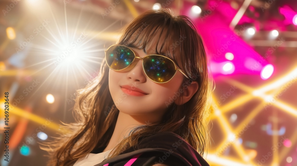 Asian teen girl in a nightclub, with gold and pink spotlights highlighting and wears sporty sunglasses Asian teen girl in a nightclub, with gold and pink spotlights highlighting and wears sporty sunglasses