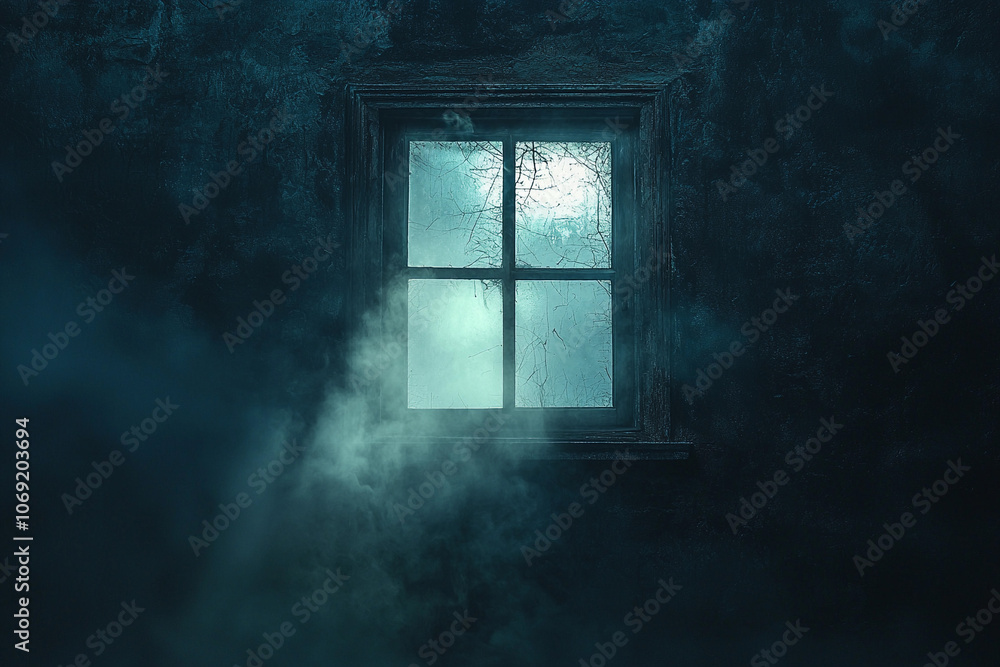 Eerie illuminated window with smoke in a dark room at night Eerie illuminated window with smoke in a dark room at night