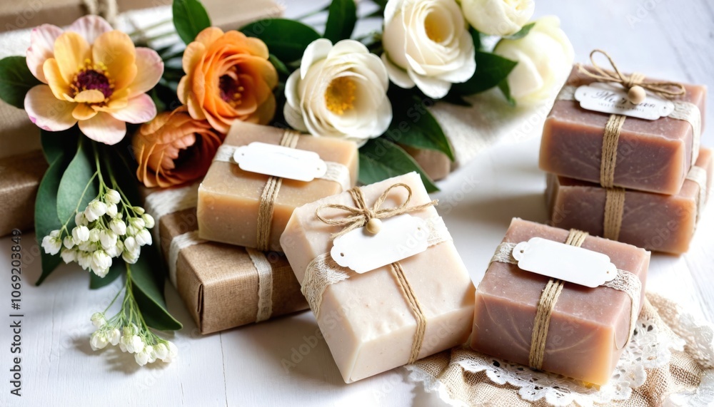 Wedding favors mini soaps with flowers on favor table, rustic style decoration in natural color, small guest gifts, original party souvenirs