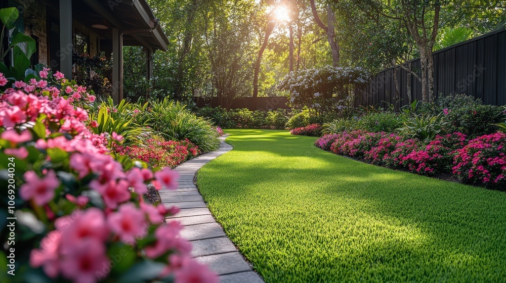 Fototapeta premium Beautifully landscaped garden with vibrant flowers and lush greenery during golden hour