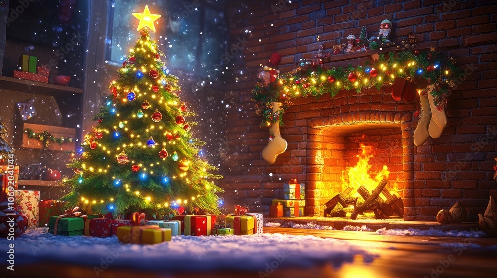 Festive Christmas tree adorned with sparkling lights near a cozy burning fireplace perfect for holiday advertisements template Festive Christmas tree adorned with sparkling lights near a cozy burning fireplace perfect for holiday advertisements template