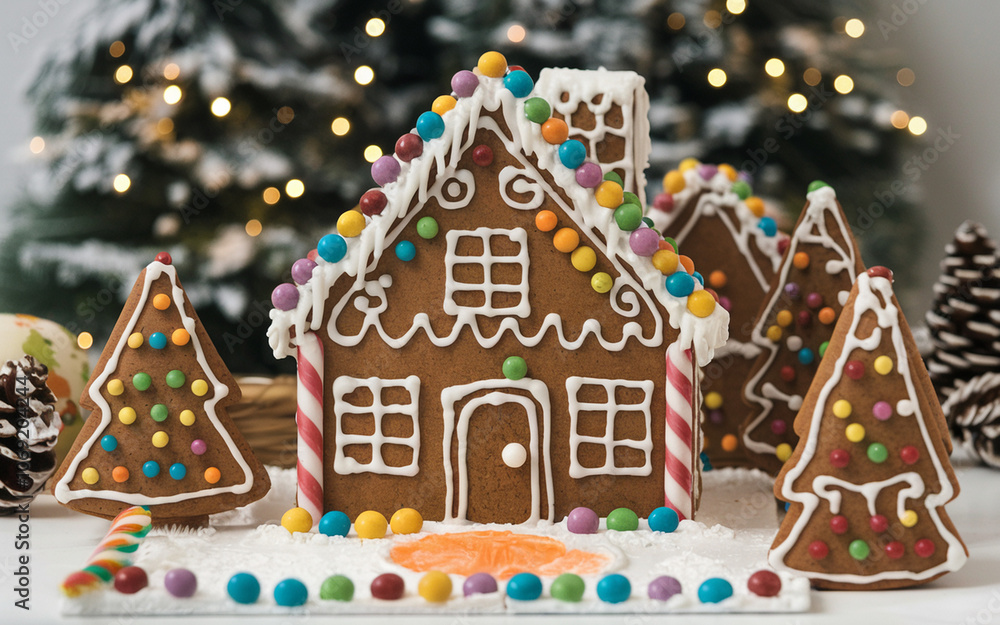 Gingerbread house with intricate icing details and candy decorations on a plain white background, featuring sharp details and no blur for a festive, sweet holiday scene.
Gingerbread house with intricate icing details and candy decorations on a plain white background, featuring sharp details and no blur for a festive, sweet holiday scene.