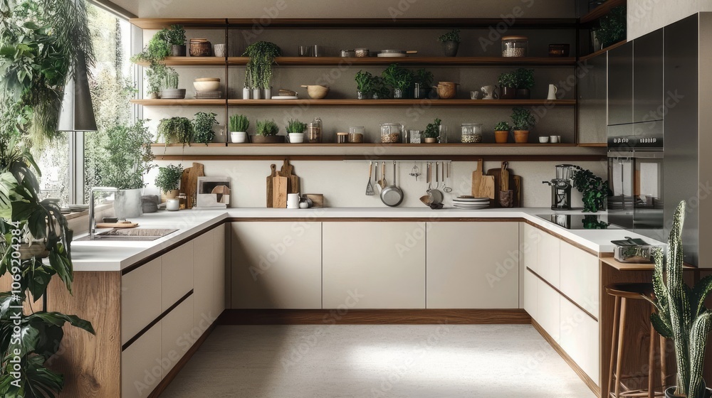 Modern Kitchen with U-Shaped Countertop, Wooden Shelves, and Green Plants Modern Kitchen with U-Shaped Countertop, Wooden Shelves, and Green Plants