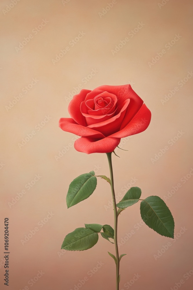 Vibrant red rose with lush green leaves against a soft peach background Vibrant red rose with lush green leaves against a soft peach background
