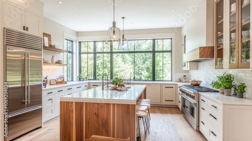 Modern Kitchen with Large Windows and Stainless Steel Appliances photo