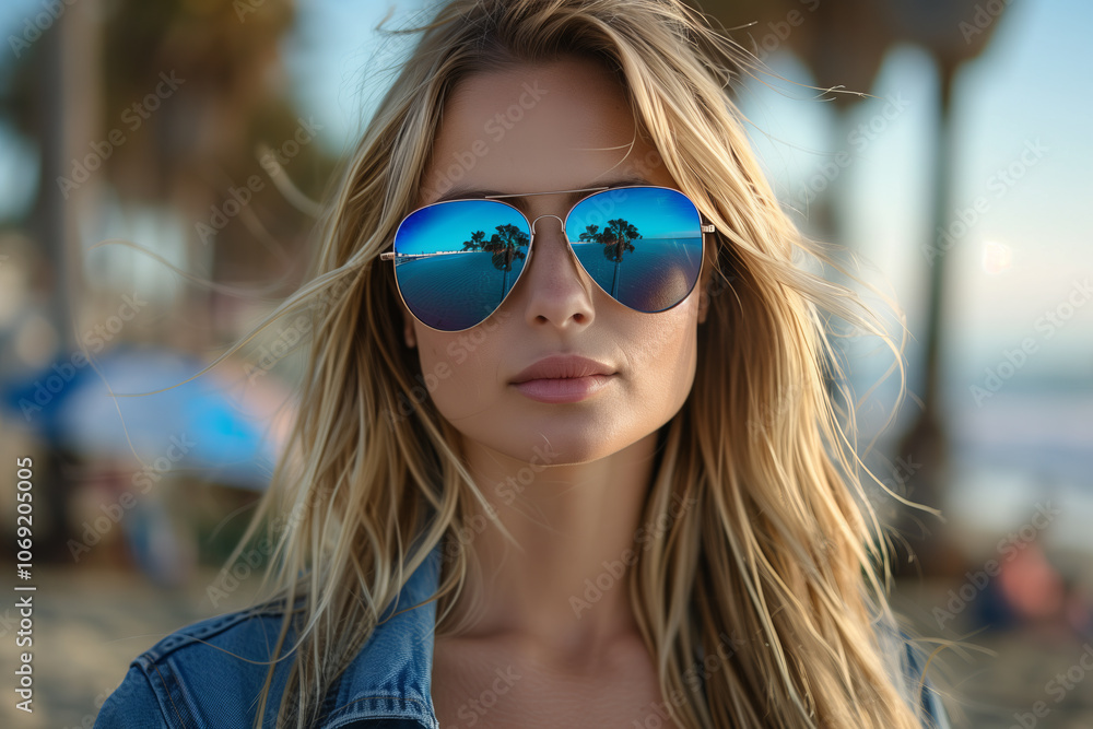 Caucasian female tourist traveling by the sea, wearing sunglasses