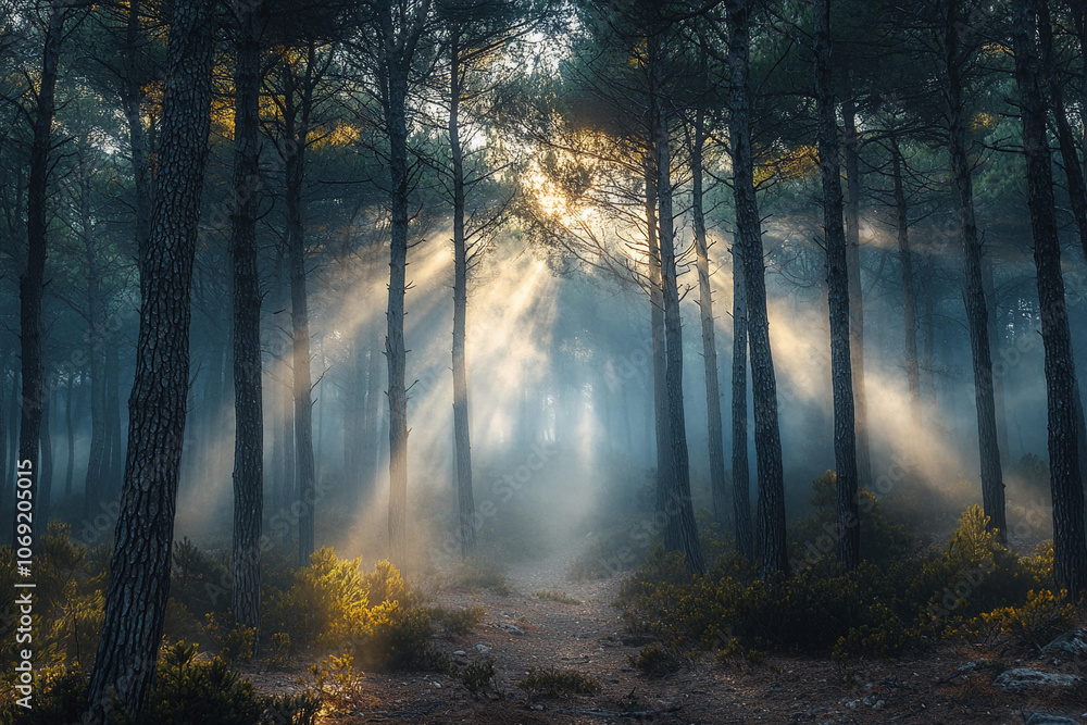 Fototapeta premium Misty forest with sunlight rays piercing through tall pine trees