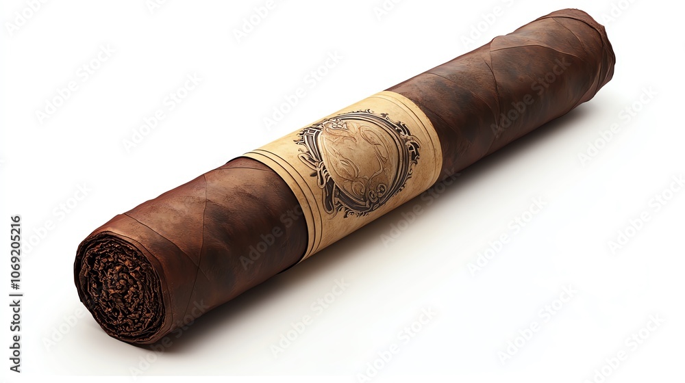 Brown cigar with a detailed wrapper and label, lying flat, isolate white background Brown cigar with a detailed wrapper and label, lying flat, isolate white background