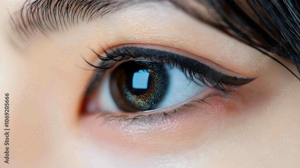 Obraz premium An extreme close-up shot of a beautiful young Asian woman's eye, with her vibrant and colorful contact lens. 