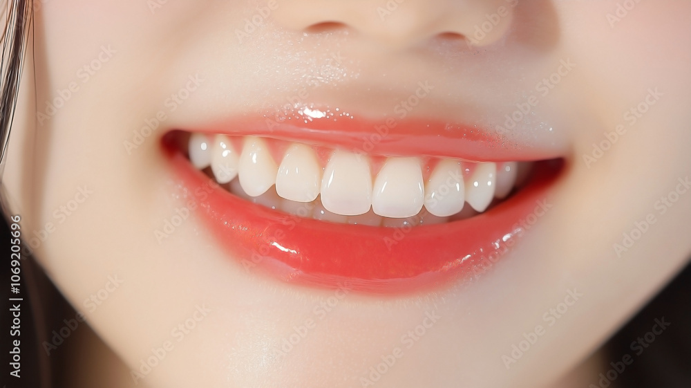 An extreme close-up shot of a beautiful young Asian woman's radiant white teeth as she proudly presents her smile. An extreme close-up shot of a beautiful young Asian woman's radiant white teeth as she proudly presents her smile.