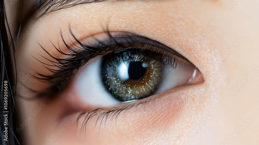 Obraz premium An extreme close-up shot of a beautiful young Asian woman's eye, with her vibrant and colorful contact lens. 