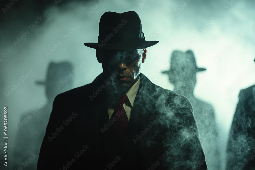Mysterious figures emerge from smoke in a noir-inspired setting Mysterious figures emerge from smoke in a noir-inspired setting