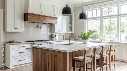 Kitchen Island with Wooden Cabinets and Pendant Lights