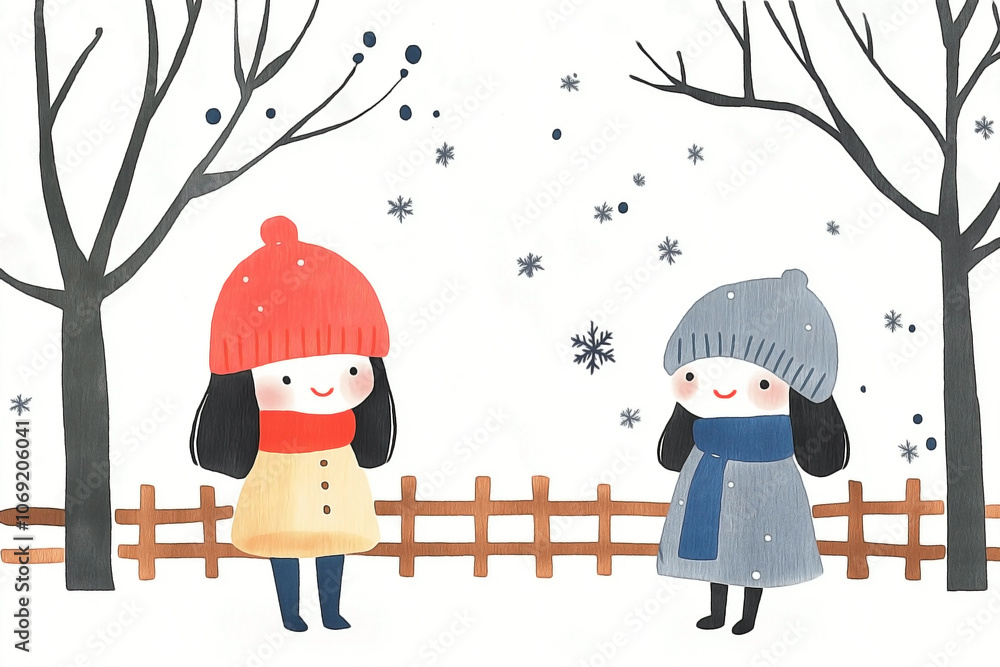 two chibi-style children standing in snow. Soft, pastel color palette. Snowy background two chibi-style children standing in snow. Soft, pastel color palette. Snowy background
