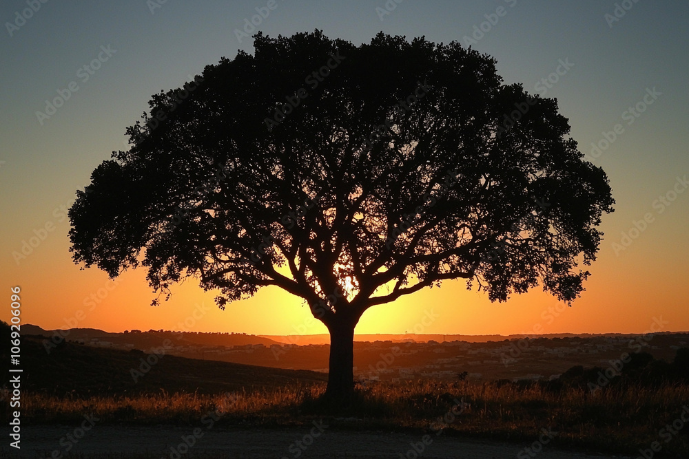Silhouette of a large tree against a vibrant sunset in the countryside Silhouette of a large tree against a vibrant sunset in the countryside
