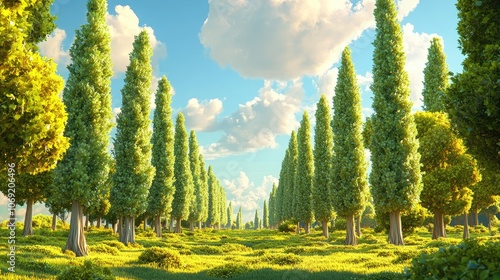 Lush poplar grove in a lowland valley ideal for sustainable paper and cellulose production
