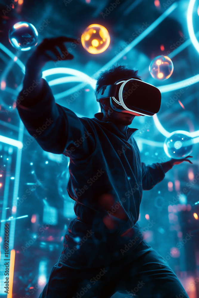 An athlete in virtual reality, playing an intense sports game with holographic balls and a digital arena around them. An athlete in virtual reality, playing an intense sports game with holographic balls and a digital arena around them.