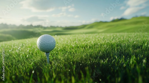 Golf ball teed up on lush green grass in scenic landscape photo