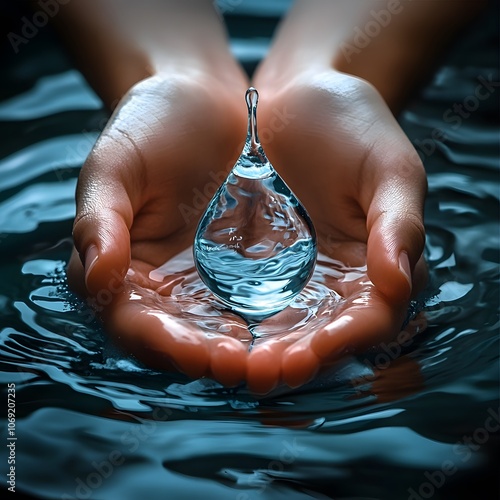 Hands delicately holding a pristine water drop, symbolizing the importance of clean water and participation in World Water Day initiatives photo