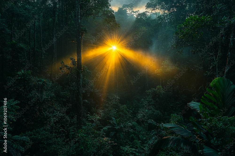 Sunlight streams through dense forest canopy in the early morning Sunlight streams through dense forest canopy in the early morning