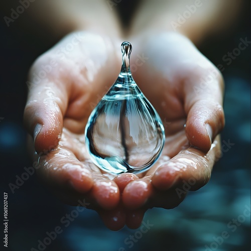 Hands delicately holding a pristine water drop, symbolizing the importance of clean water and participation in World Water Day initiatives photo