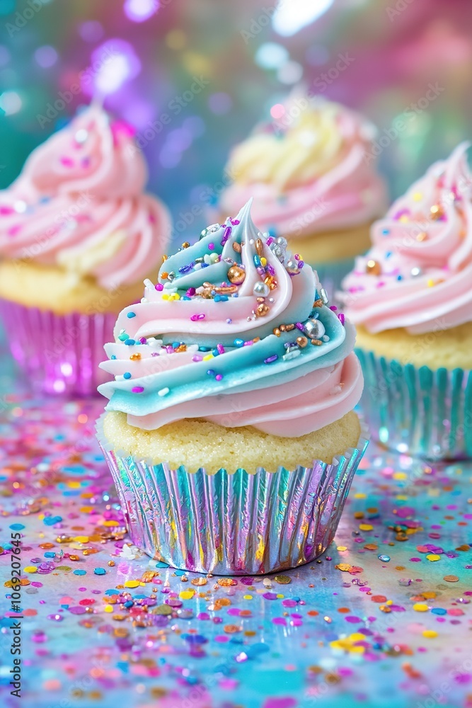 Colorful cupcakes with sprinkles, vibrant party vibe. Colorful cupcakes with sprinkles, vibrant party vibe.