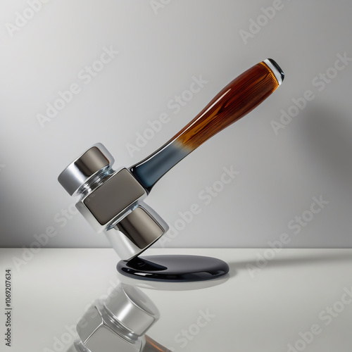 Glass sculpture of framing hammer with gradient silver to steel gray head, amber glass handle, industrial design, light gray background, showcasing fine craftsmanship, generative ai photo